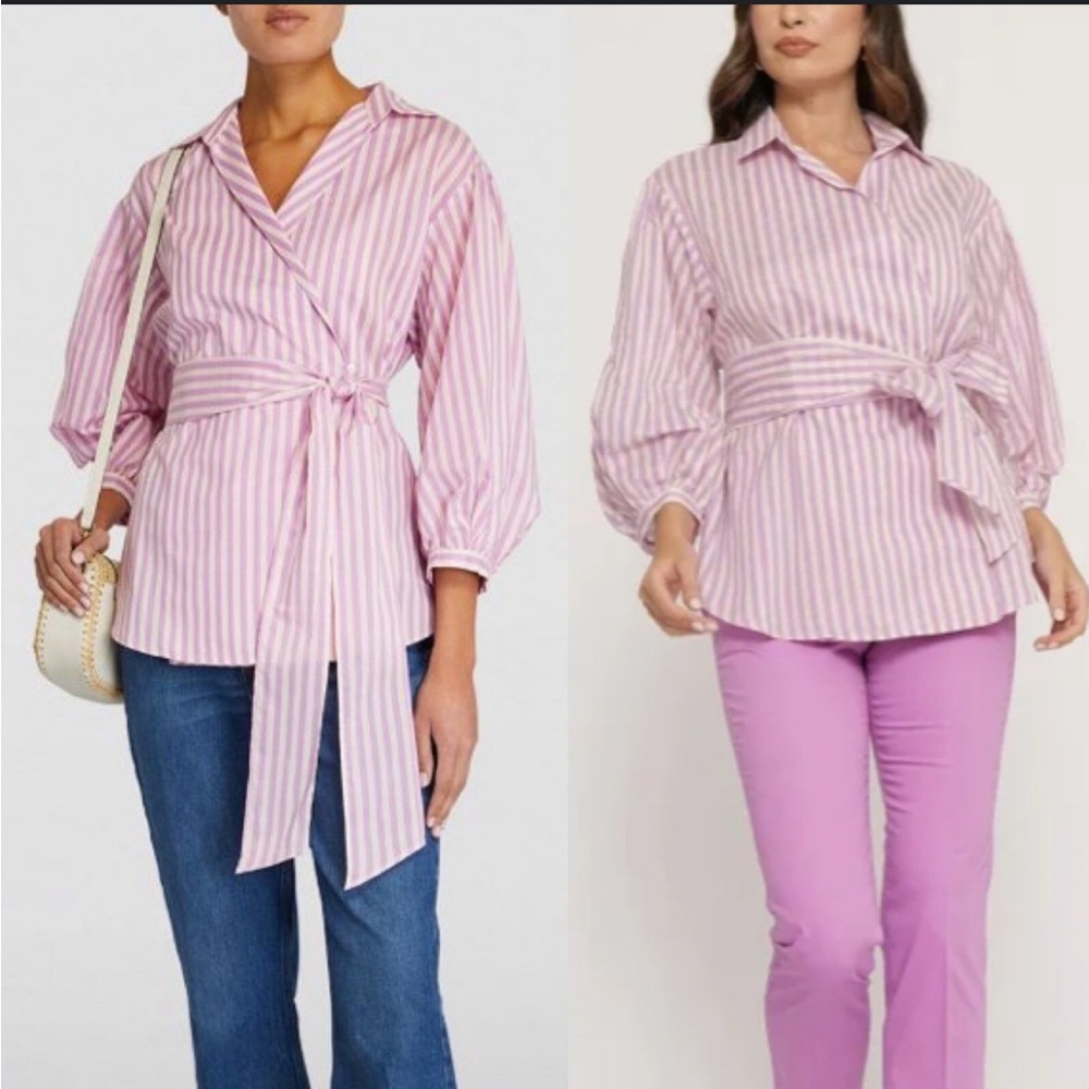 Weekend Max Mara Lilac & White Striped Faux Wrap Blouse Preppy Size 8 (38) NWT